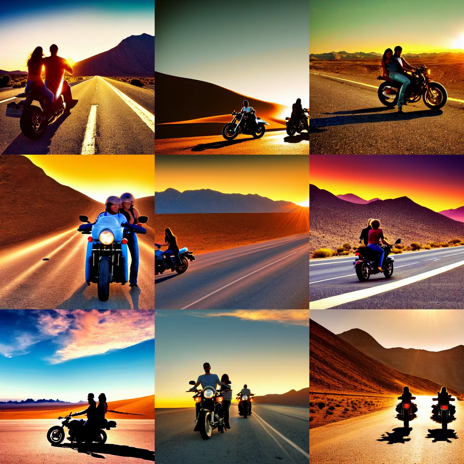 Prompt: hd wallpaper, romantic couple ride on motorbike, ride out there, road california desert, sunset, blue sky, award winning photo