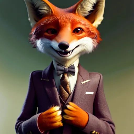 Prompt: weta disney pixar movie still macro close photo of smiling anthropomorphic fox wearing a suit : : by weta, greg rutkowski, wlop, ilya kuvshinov, rossdraws, artgerm, octane render, iridescent, bright morning, anime, liosh, mucha : :