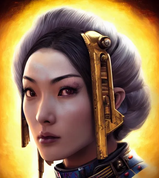 Prompt: an epic fantasy comic book style portrait painting of a very beautiful female warhammer 4 0 k space marine with a strong japanese aristocratic - style image, character design by mark ryden and pixar and hayao miyazaki, unreal 5, daz, hyperrealistic, octane render, cosplay, rpg portrait, dynamic lighting, intricate detail, summer vibrancy, cinematic