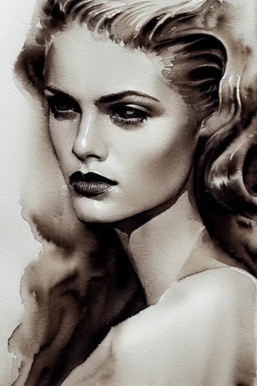 Prompt: stunning award - winning portrait by peter lindbergh of a beautiful young blonde woman. vintage hollywood glamour. long shiny wavy hair. movie star makeup. vogue. highly detailed realistic watercolor painting on canvas. brush strokes.