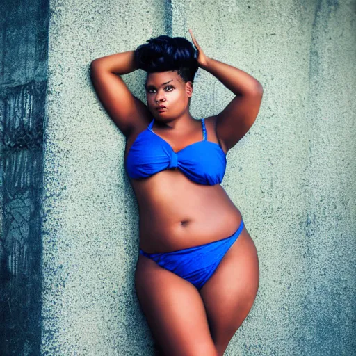 Prompt: portrait face of a curvy beautiful gorgeous black edgy model girl with short hair, bikini, big leaps, blue eyes, she's sad, sunset, street of africa at night, 8 0 mm lens, 1. 2 aperture, grainy image, close up, cinematic light, 8 k, 4 k, very detailed, depressing atmosphere, cover magazine