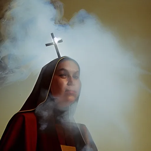 Prompt: a nun exhaling a huge smoke cloud from a cross shaped bong, film still, cinematic lighting