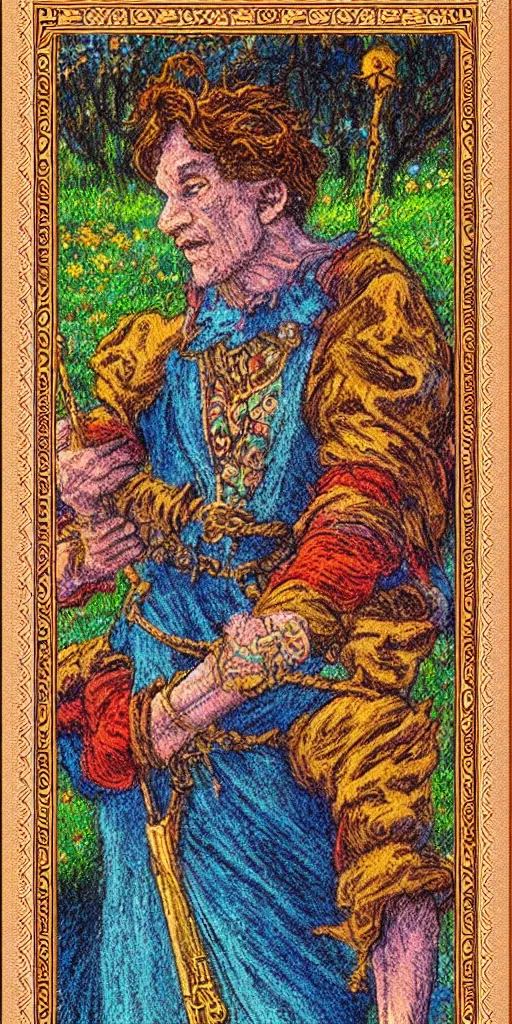 Image similar to the fool tarot card, pastel impressionist, intricate border, insanely detailed, 8 k scan, in frame, satisfying, clever