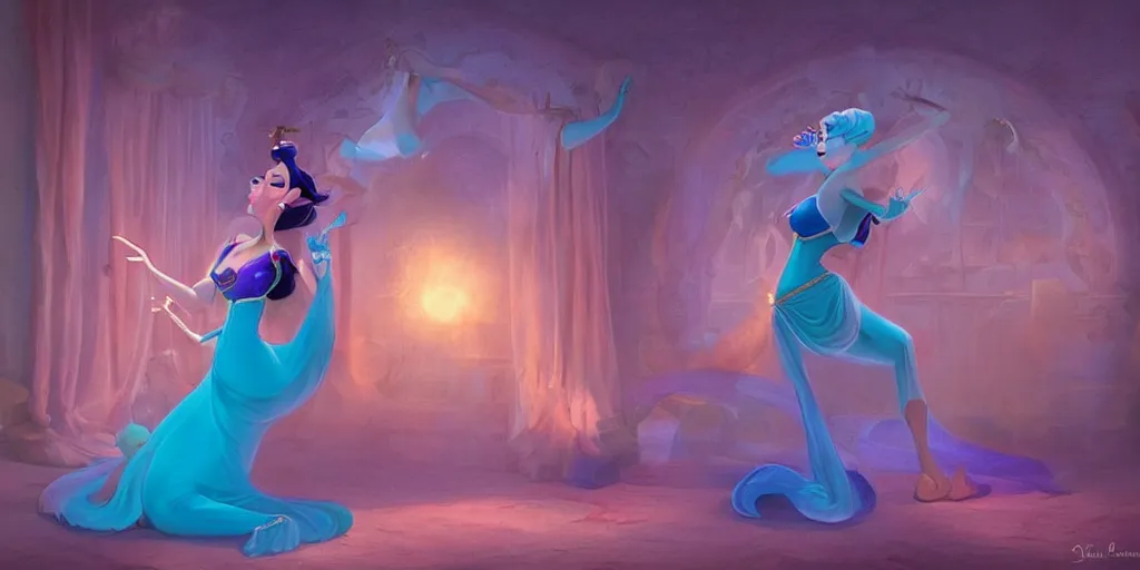 Image similar to beautiful genie girl, dancing in the palace room, beautiful elegant body, accurate body proportions, mysterious ambient lighting, digital art, fantasy vibes, style of disney