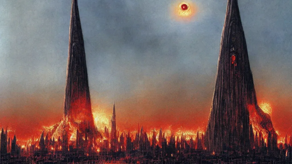 Image similar to mordor, flaming eye of sauron above the tower of barad - dur, by alan lee, intricate, lord of the rings calendar, smooth, detailed terrain, oil painting, trending artstation, concept art, fantasy matte painting