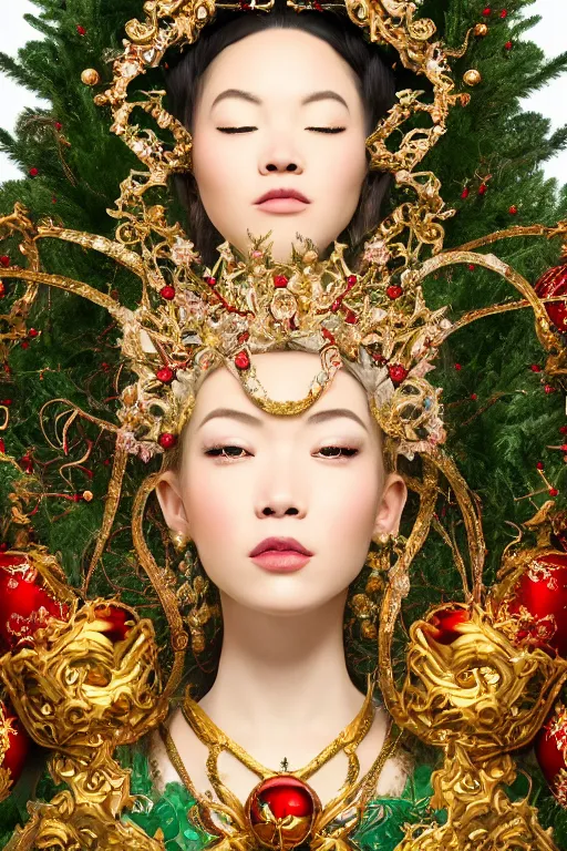 Prompt: a beautiful empress portrait, with a brilliant, impossible striking big Christmas tree headpiece, Santa clothes, everything Christmas, snow, Christmas ornaments, symmetrical, dramatic studio lighting, rococo, baroque, greens, asian, hyperrealism, closeup, D&D, fantasy, intricate, elegant, highly detailed, digital painting, artstation, octane render, 8k, concept art, matte, sharp focus, illustration, art by Artgerm and Greg Rutkowski and Alphonse Mucha