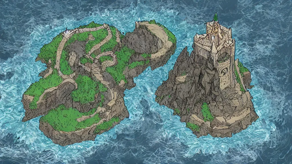 Image similar to Aerial view of a wizard tower surrounded by: 1 an ice cave to the west 2 a fire cave to the east 3 a emerald mine to the north and 4 a diamond mine to the south, lineart, colored