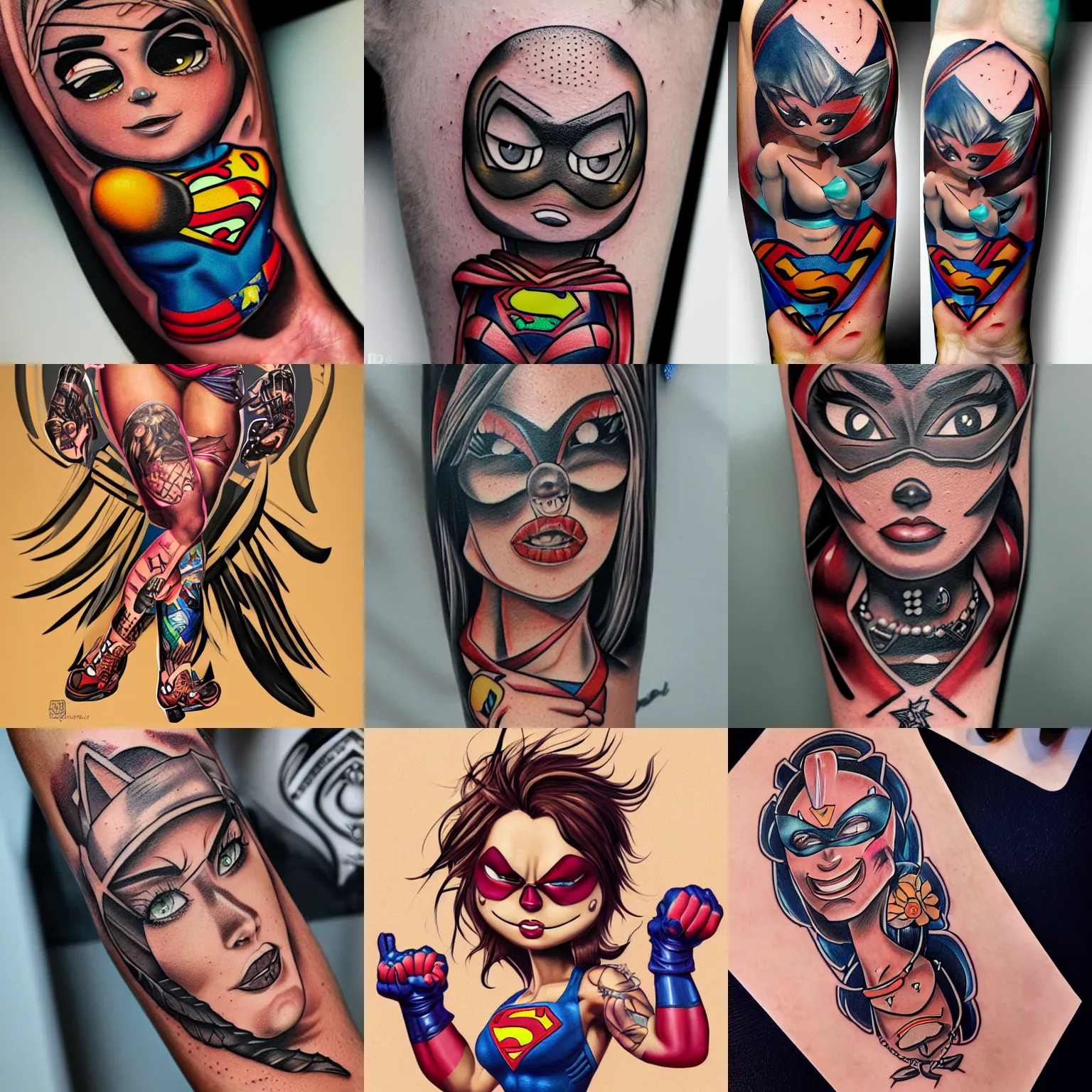 Prompt: cartoon chica superpoderosa tattoo on forearm by ruben barahona, intricate, extremely detailed, digital painting, artstation, concept art, smooth, sharp focus, illustration, intimidating lighting, incredible art,