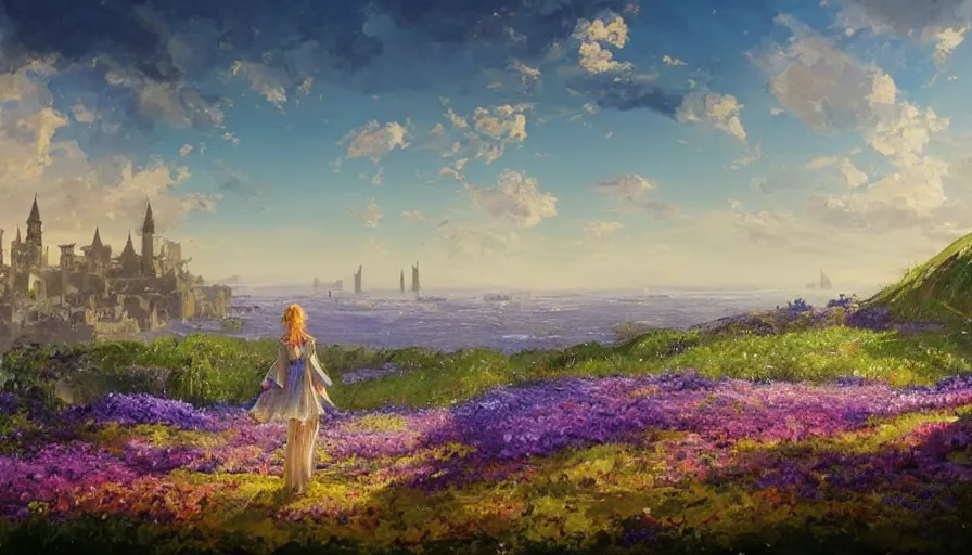 Prompt: over the shoulder landscape painting of violet evergarden standing on a distant colorful flower hill, behind it a distant old european city leiden from violet evergarden next to the reflecting ocean, ocean, sunshine, fantasy, intricate, elegant, highly detailed, digital painting, artstation, smooth, sharp focus, illustration, by Anton Fadeev and Philipp A. Urlich and greg rutkowski