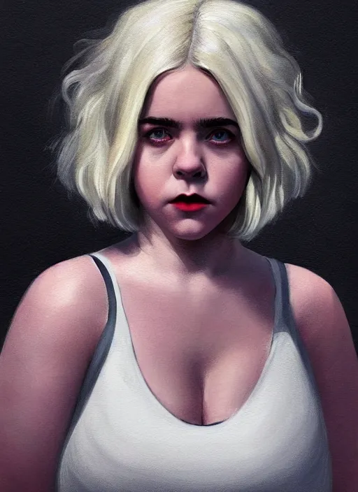 Image similar to full body portrait, kiernan shipka as sabrina spellman, white hair, obese, bangs, sultry, realistic, sultry smirk, fluffy bangs, curly bangs, fat, belly, intricate, elegant, highly detailed, digital painting, artstation, concept art, smooth, sharp focus, illustration, art by wlop, mars ravelo and greg rutkowski