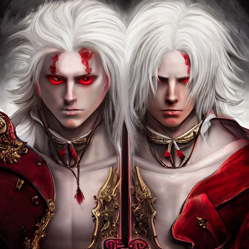 Prompt: Epic rococo painting of two young identical twins, with white skin, long white hair and red eyes. Wearing identical red clothes. Middle age. Castlevania, ultra-detailed. Anime, pixiv, UHD 8K CryEngine, octane render