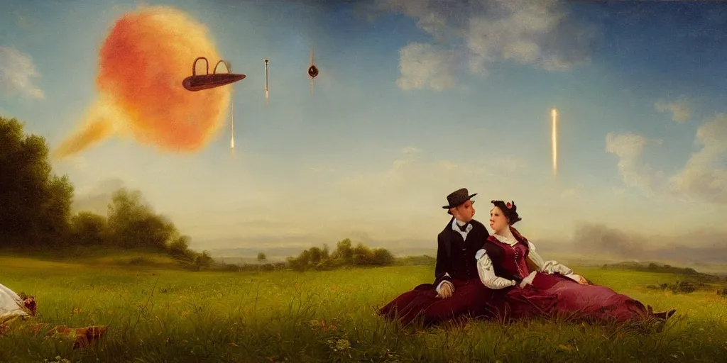 Prompt: a couple in victorian formal attire sitting in grass watching a starship launch into orbit, painting in the style of hudson river school, 4 k