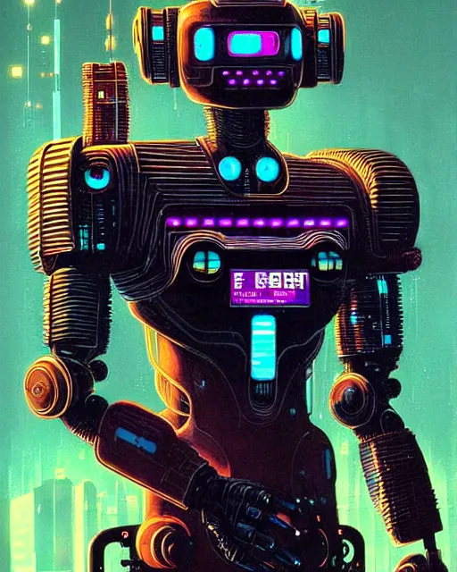 Image similar to cyberpunk robot, character portrait, portrait, close up, concept art, intricate details, soft glow, highly detailed, vintage sci - fi poster, in the style of chris foss, rodger dean, moebius, michael whelan, and gustave dore