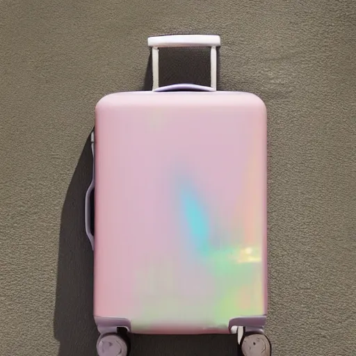 Image similar to a pastel coloured Polaroid holiday snap of a iridescent suitcase that it open and revealing rows of neatly folded socks