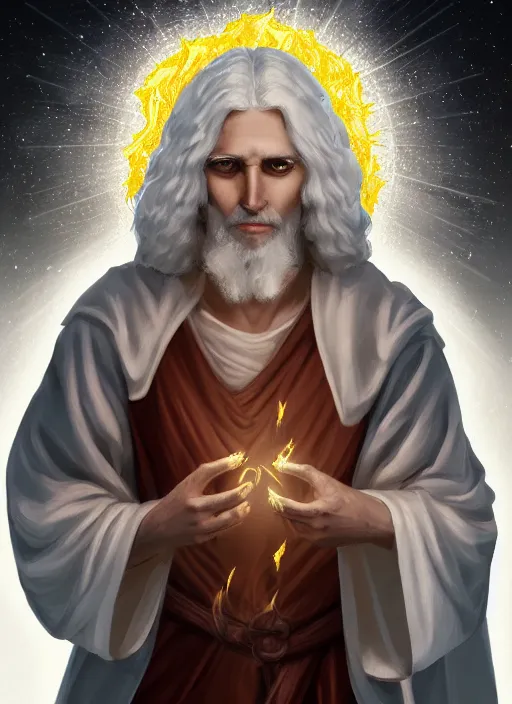 Image similar to « portrait of the white - haired jesus in a white robe and flaming yellow eyes, holding seven stars in right hand, high - contrast, intricate, elegant, highly detailed, bible illustration, digital painting, artstation, concept art, smooth, sharp focus, illustration »