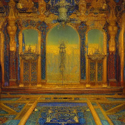 Image similar to a painting of a throne room , tiled floor a raytraced image by Mikalojus Konstantinas Čiurlionis, by Edward Okun, Gustave Moreau , metaphysical painting, hall of mirrors, Hungarian,ominous, dark, concept art