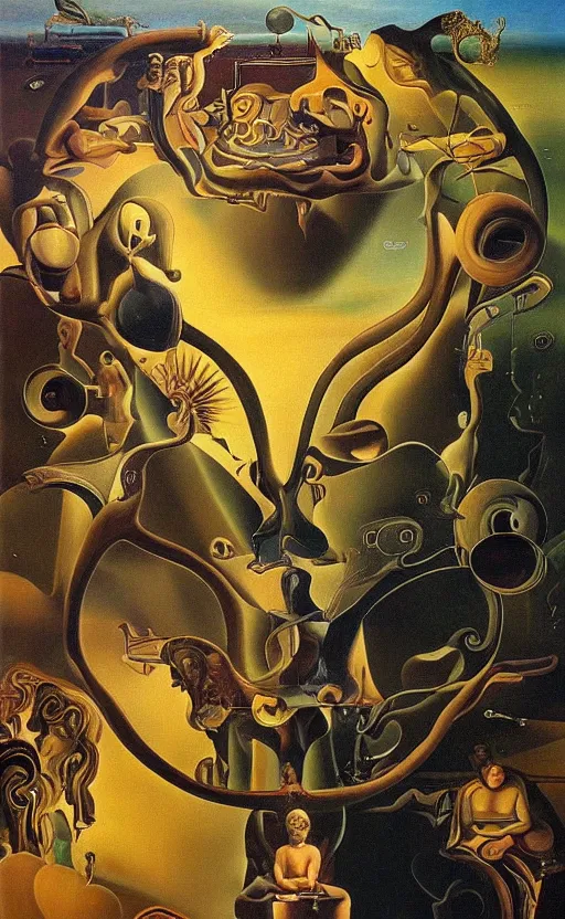 Image similar to the dreamscape of ancient technology, the fever dream of eternal singularity, illusions, oil on canvas painting, beautiful details, incredible shading, in the style of salvador dali