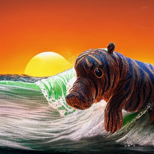 Image similar to a closeup photorealistic photograph of a cute smiling knitted tiger hippopotamus riding a wave at sunset. surf in background. professional capture. brightly lit scene. this 4 k hd image is trending on artstation, featured on behance, well - rendered, extra crisp, features intricate detail, epic composition and the style of unreal engine.