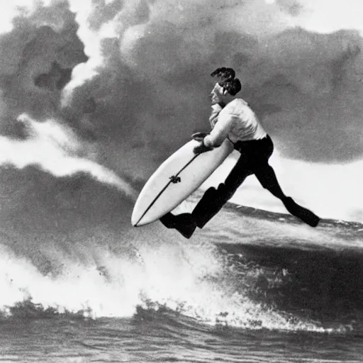 Image similar to mussolini surfing, 1 9 4 0 s photo, photorealistic, close up