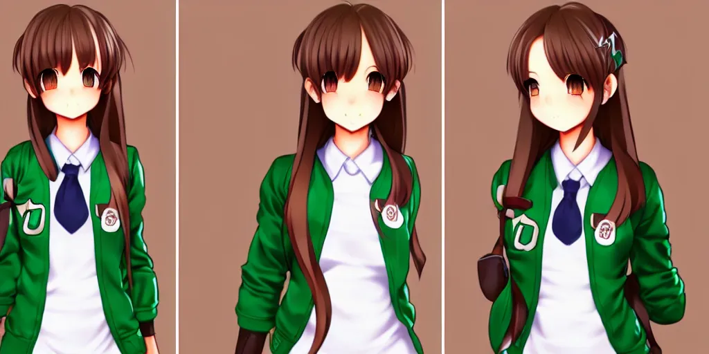 Image similar to full body videogame sprite of a beautiful anime high school girl at the subway, full body, brown hair, ponytail, white ribbon, green eyes, full perfect face, slightly smiling, detailed background, drawn by Artgerm, Sasoura, Satchely, no distorsion