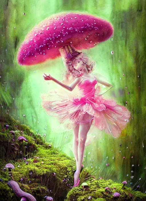 Image similar to A pixy princess with a tattered pink tutu, mushroom umbrella, moss, dewdrops, watercolor, dramatic lighting, cinematic, establishing shot, extremely high detail, foto realistic, cinematic lighting, pen and ink, intricate line drawings, by Yoshitaka Amano, Ruan Jia, Kentaro Miura, Artgerm, post processed, concept art, artstation, matte painting, style by eddie mendoza, raphael lacoste, alex ross,