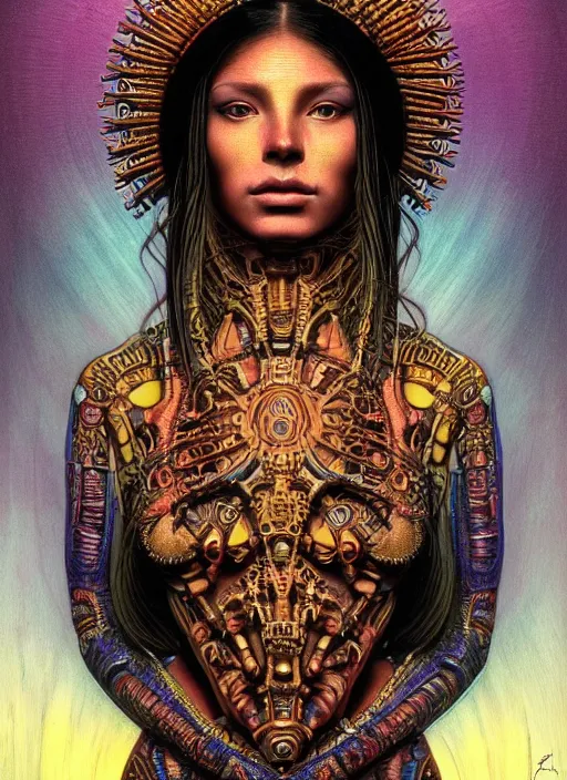 Prompt: masterpiece portrait of an beautiful aztec girl with biomechanical modifications surrounded by chromatic ink pour and flowing liquid complex sacred geometry, powerful, cinematic, dramatic lighting, by elden ring, h. r. giger, beksinski, alphonse mucha, artgerm, donato giancola, tom bagshaw, trending on cgsociety, octane render, 8 k