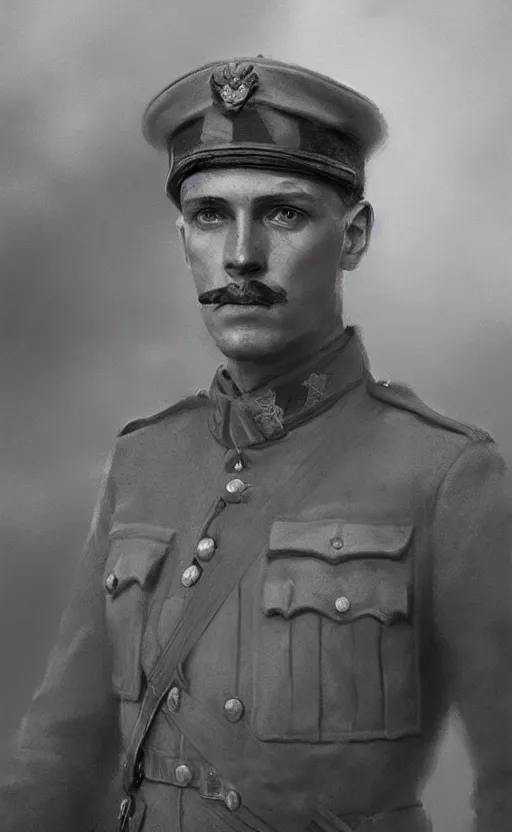 Image similar to Portrait of a British WWI officer, male, detailed face, 20th century, highly detailed, cinematic lighting, digital art painting by greg rutkowski