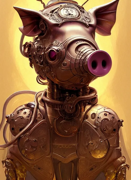 Image similar to robotic pig, d & d, wet, shiny, fantasy, intricate, elegant, extremely higly detailed, ultra definition, digital painting, artstation, anatomical perfection, baroque, portrait, concept art, smooth, sharp focus, illustration, art by artgerm and greg rutkowski and alphonse mucha