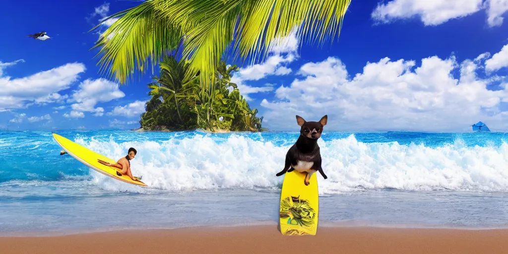 Image similar to chihuahua surfing tropical background waves focus photography 4k hyper realism surreal sunny beach