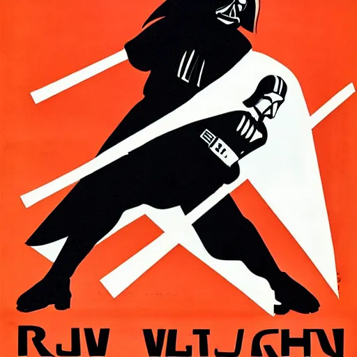 Prompt: darth vader and luke skywalker on roller skates, soviet propaganda poster