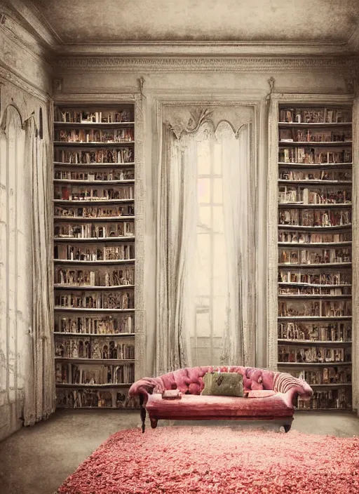 Prompt: cinematic matte painting digital art of architecture design, 4 k, hyperrealistic, composition by wes anderson, fisheye lens, pov perspective of maximalist botanical old shabby chic bedroom filled with posters and shelves and nic nacs by enjolras delphin, ethereal soft and fuzzy glow, by cicely mary barker