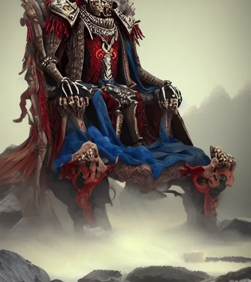 Prompt: mongolian skeleton king sitting throne artstation, 8 k, detailed, fog, ornament fire red blue