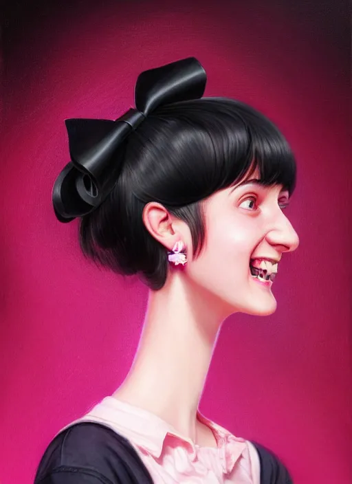 Image similar to portrait of high school girl, realistic, black hair, bangs, half updo hairstyle, pointy nose, skinny, smile, ugly, defined jawline, big chin, pink hair bow, earrings, intricate, elegant, glowing lights, highly detailed, digital painting, artstation, sharp focus, illustration, art by wlop, mars ravelo and greg rutkowski