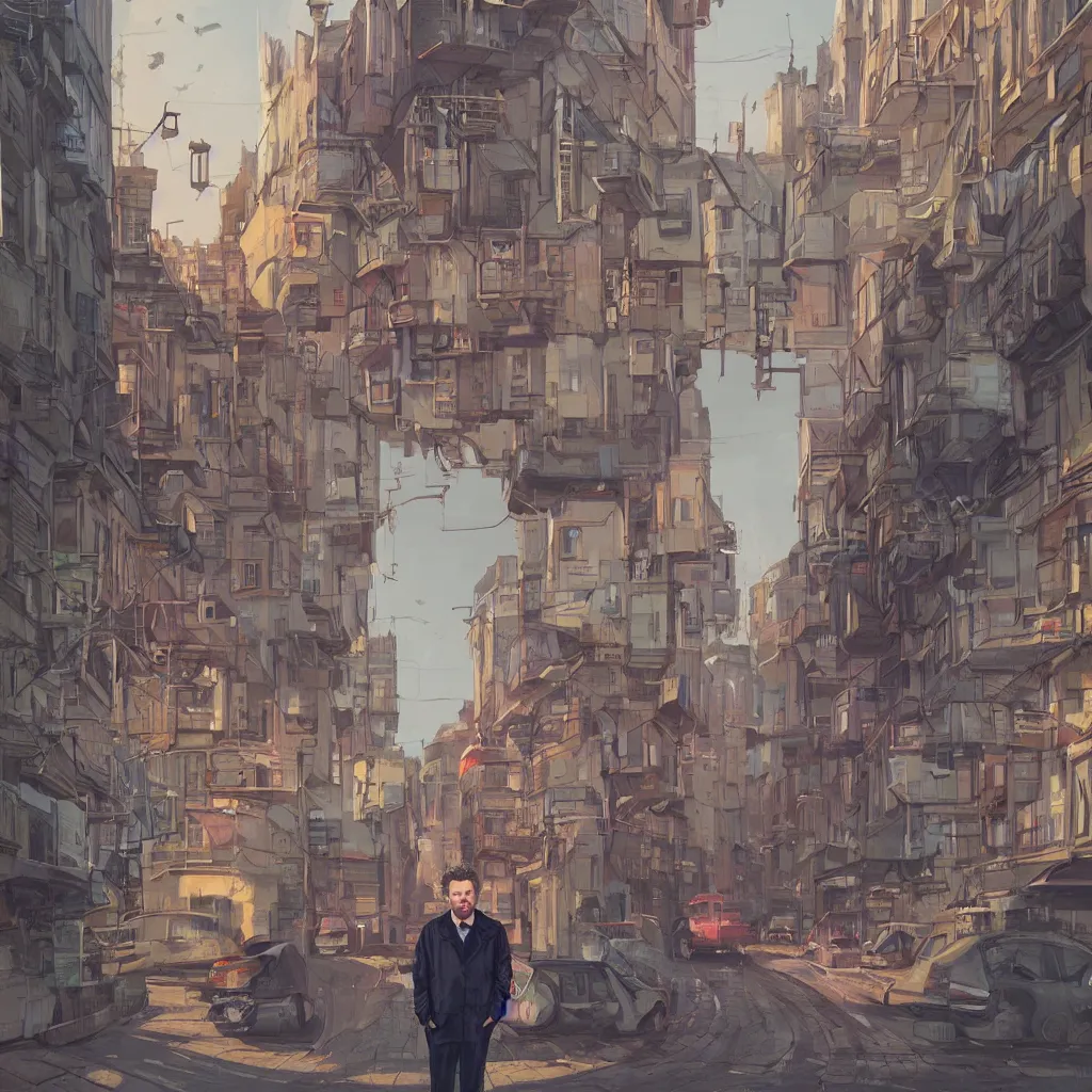 Image similar to portrait of michael sheen on a typical london street in the background, highly detailed, digital painting, artstation, concept art, illustration, art by simon stalenhag