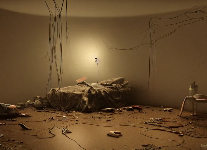 Image similar to rgb, sadness, bedroom full of water, sadness, cinematic, movie scene, inspired by zdzislaw beksinski, clothes made out of veins,, cables everywhere, bedroom, ultra realistic, concept art, intricate details, highly detailed, photorealistic, octane render, 8 k