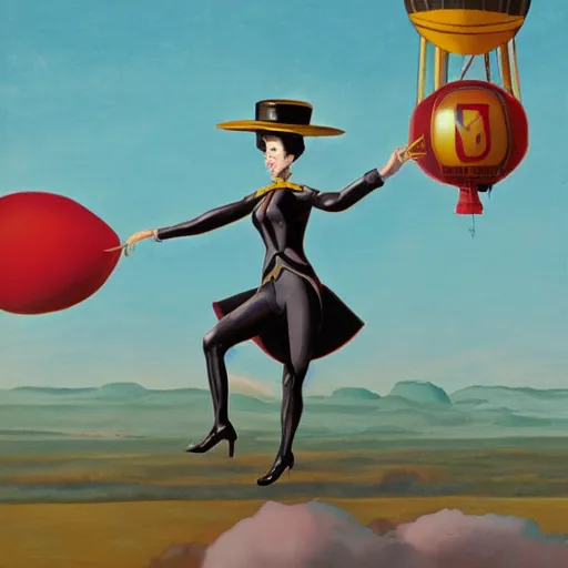 Image similar to gynoid riding atop an enormous blimp