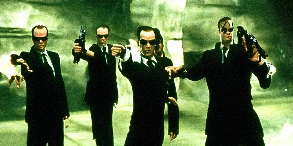 Image similar to Jack Nicholson as Agent Smith on the matrix, 1999, battle scene with neo, cinematic composition, cinemascope,