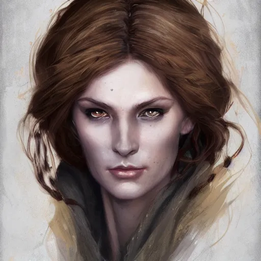 Image similar to a detailed matte head - on portrait painting of an middle - aged half - tiefling noblewoman with golden eyes and short well kept hair, by charlie bowater, lise deharme, wlop, tending on arstation, dungeons and dragon, dnd, pathfinder, fanart, oil on canvas