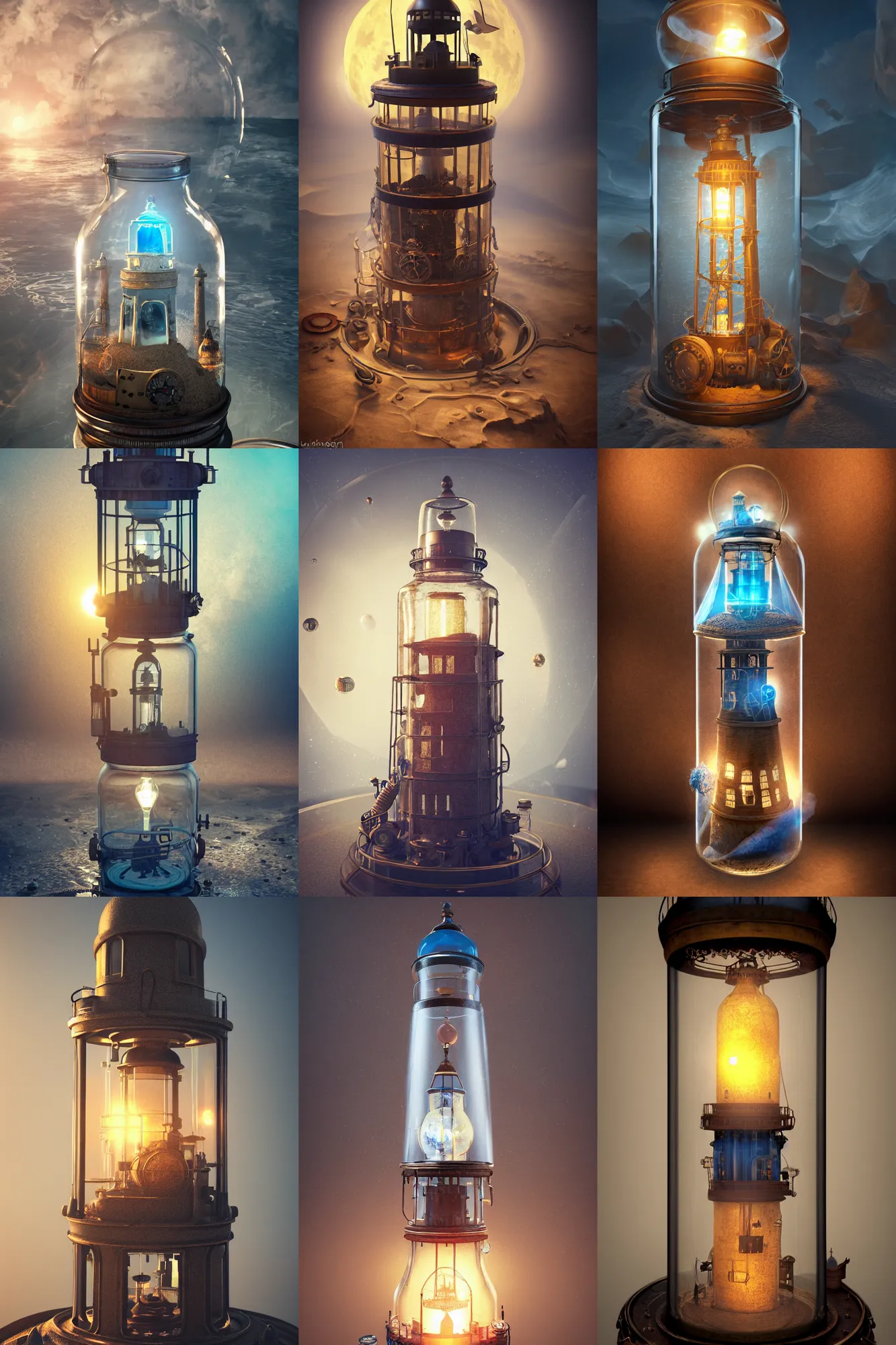 Prompt: steampunk lighthouse inside a glass jar buried in sand, hot air balloon, hourglass intricate detail, volumetric lighting, epic composition, hyper detailed, ultra realistic, sharp focus, octane render, lantern, volumetric, blue moon ray tracing, artstation trending, cgsociety, sense of awe, swirling mist, 4 k