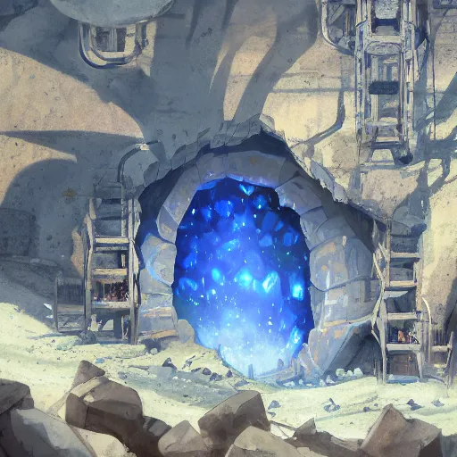 Image similar to concept art painting of a mine mineshaft with blue crystals, realistic, detailed, cel shaded, in the style of makoto shinkai and greg rutkowski and james gurney