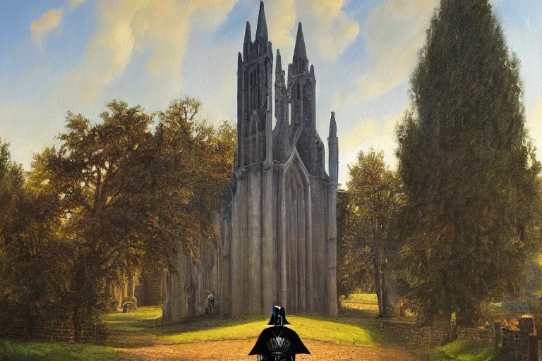 Image similar to a detailed oil painting of darth vader leaving a quaint medieval flint church, english, churchyard, trees, golden hour, lead - covered spire, realistic architecture