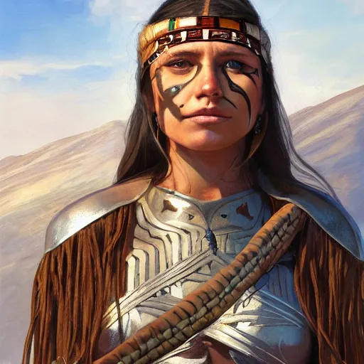 Image similar to painting of a shamanic warrior woman with blue eyes, native american, brown hair, and silver armor by jon foster, trending on artstation