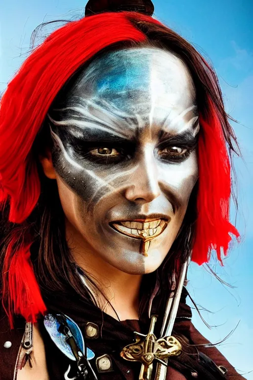 Image similar to a swashbuckling woman pirate portrait in national geographic, her clothing is sheer and futuristic, painted with iridescent bodypaint