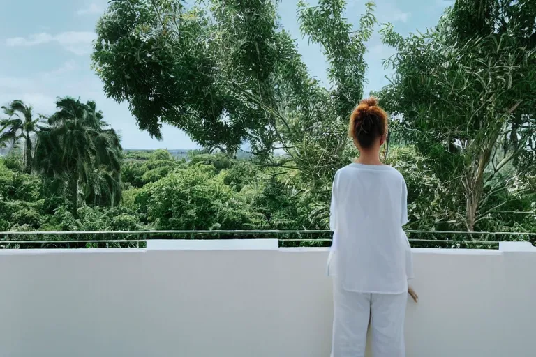 Image similar to a cinematic wideangle photograph of a singular woman wearing white clothing stood on a balcony looking out to the horizon, people walk through the frame in foreground, green plants, blue sky, beautiful lighting, ultra realistic, movie still, utopia, ultra realistic