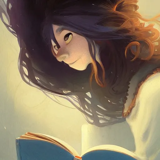 Image similar to a pixar girl reading a book, long hair flowing down, symmetrical!, style of by Jordan Grimmer and greg rutkowski, crisp lines and color,