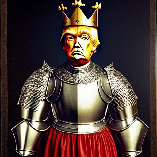 Image similar to full - body - front - shot, donald trump, knight'armor, crown, renaissance painting of a knight, detailed face