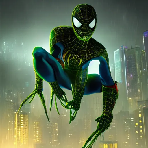 Prompt: moody atmospheric render of a cyborg spiderman with a chartreuse and teal color scheme by leon tukker