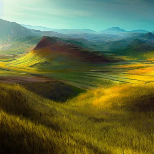 Prompt: landscape, a realistic atmosphere and realism, hills flying in the sky, sharp focus, ten flats, digital art, bright colors, trending on artstation, unreal engine.