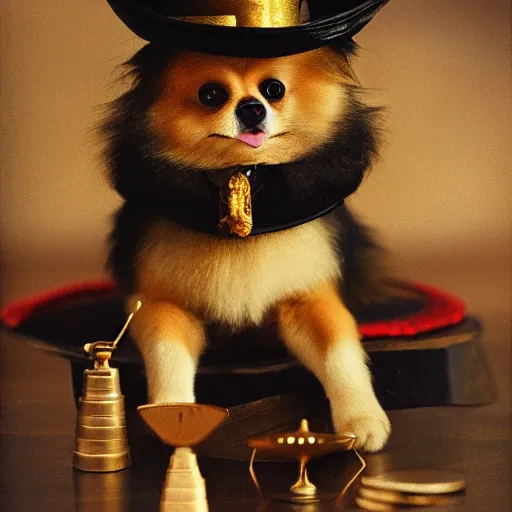 Image similar to A Pomeranian wearing a top-hat and monocle while sitting on a pile of gold coins