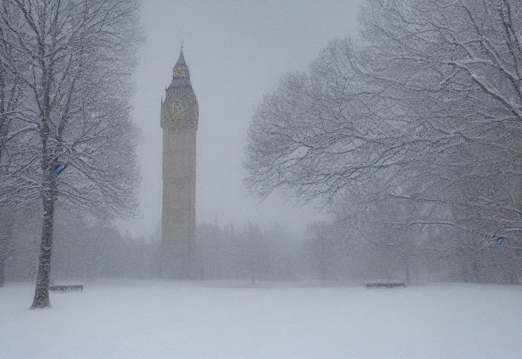 Image similar to big ben covered in snow in a snowy forest in the style of claude monet, digital art.